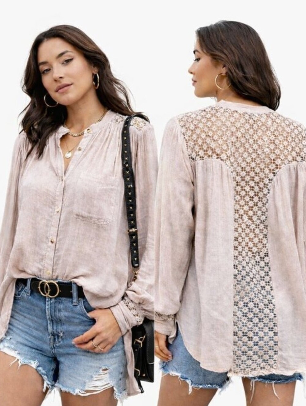 Free People Boho Dusty Blush Crochet-Back Button Down Long Sleeve Shirt, Size L